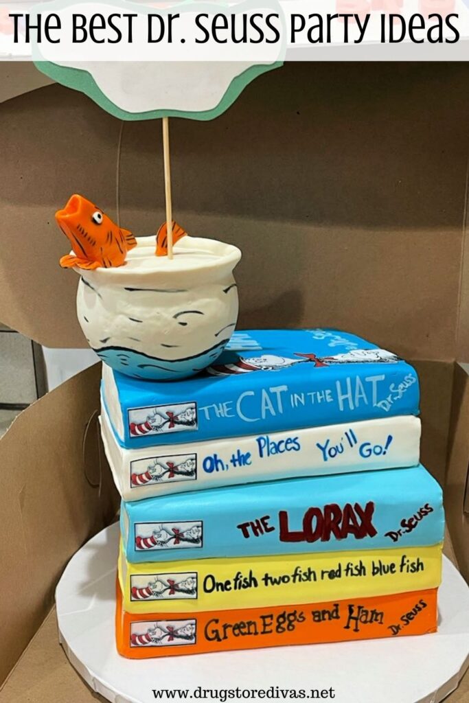 A Dr. Seuss book cake with the words "The Best Dr. Seuss Party Ideas" digitally written on top.