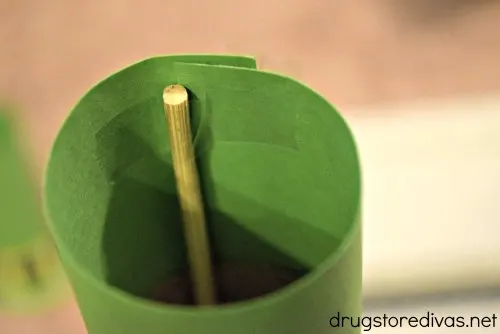 A skewer coming out of a green tube.
