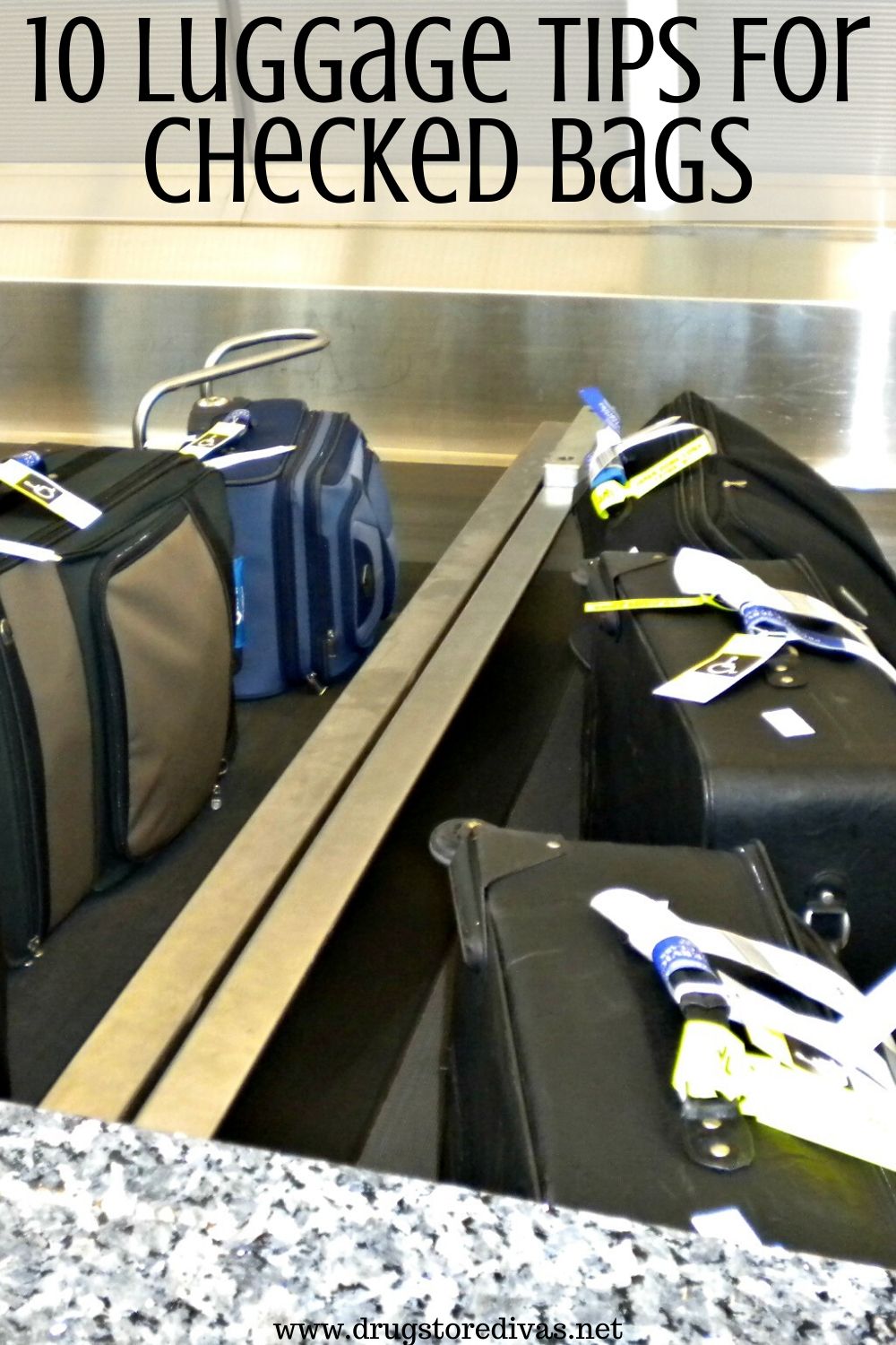 Luggage on a rack at the airport with the words 