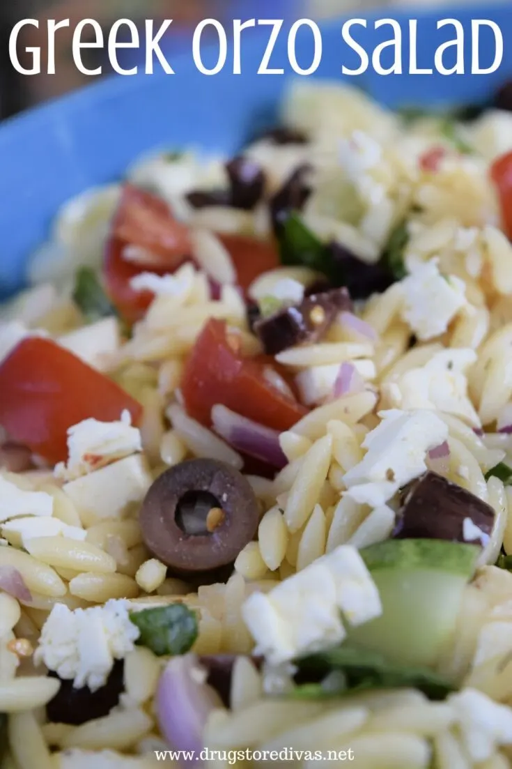 Greek Orzo Salad in a blue bowl.