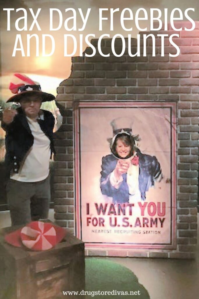 A man and woman at an Uncle Sam display at a wax museum with the words "Tax Day Freebies And Discounts" digitally written above them.