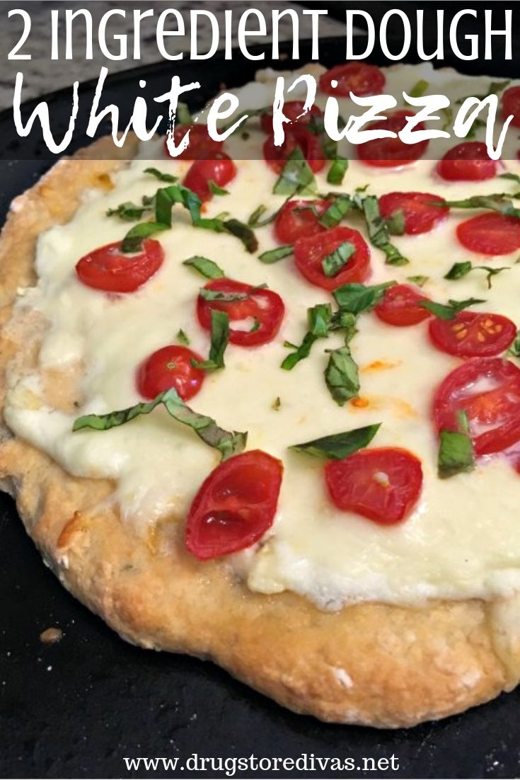 Switch your frozen pizza for this 2 Ingredient Dough White Pizza. It's simple to make and SO delicious. Get the recipe on www.drugstoredivas.net.