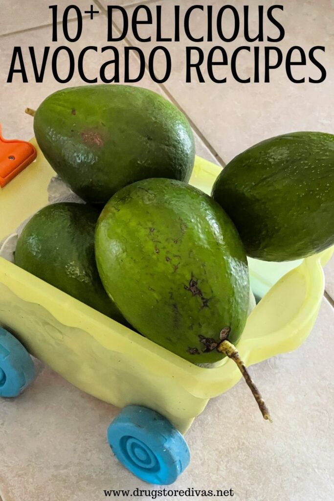 Avocados in a toy basket with the words "10+ Delicious Avocado Recipes" digitally written on top.
