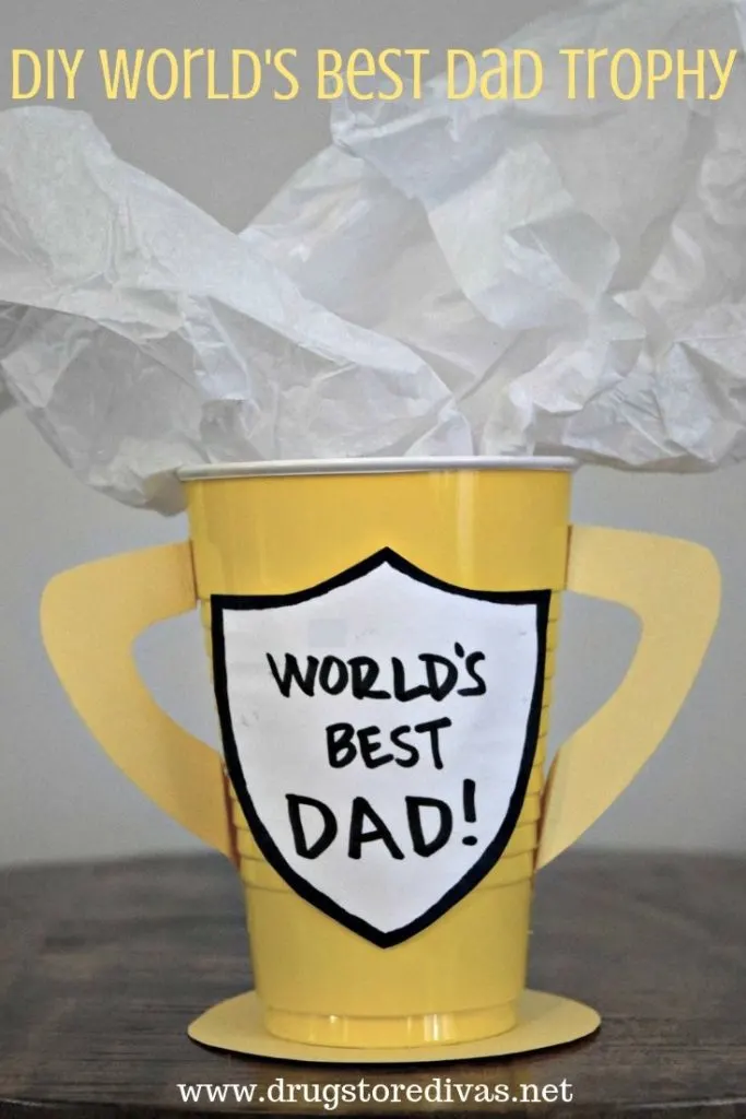 A homemade trophy made from a solo cup with the words "DIY World's Best Dad Trophy" digitally written above it.