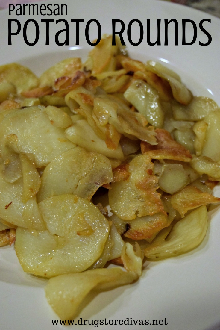 Potato Rounds in a plate with the words "Parmesan Potato Rounds" digitally written on top.