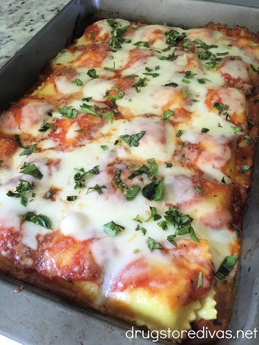 Baked Ravioli in a pan.