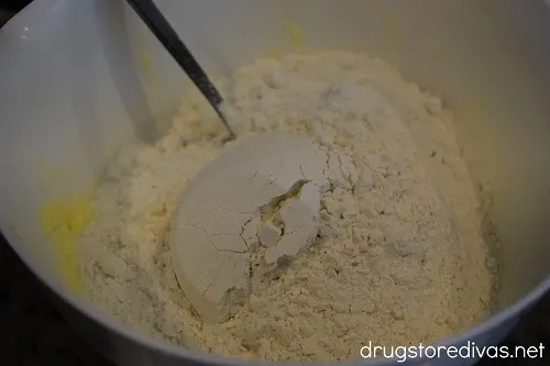 White cake mix in a bowl.