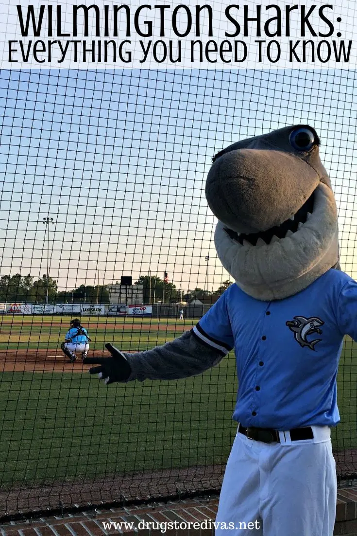 A shark mascot with a baseball game happening behind him and the words 