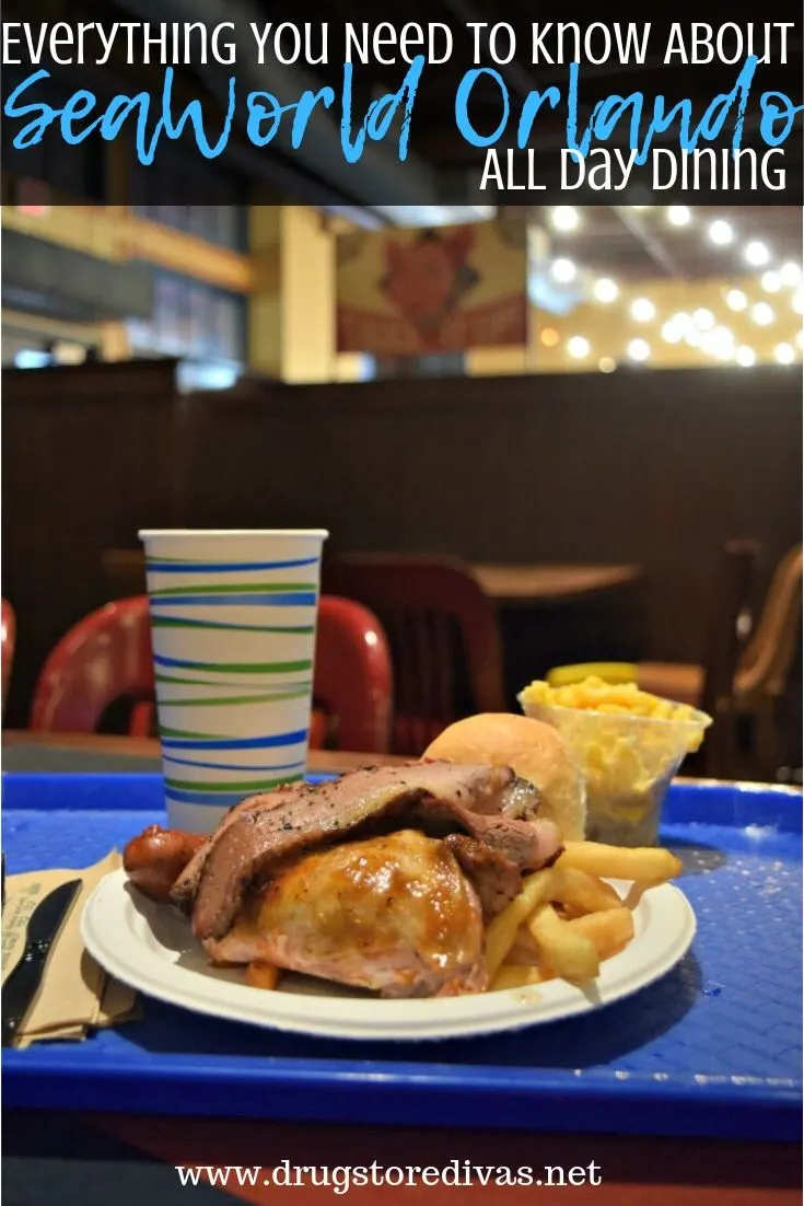 A plate of barbecue from Voyager's Smokehouse in SeaWorld with the words 