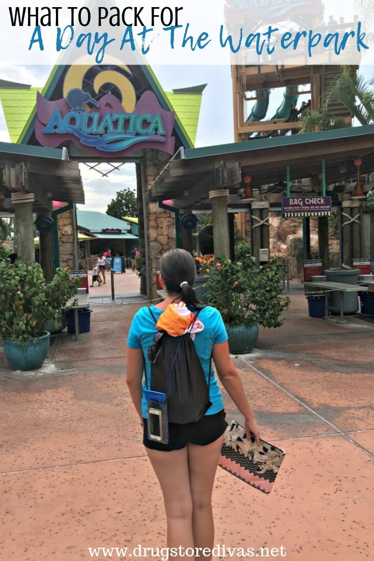 A woman walking into a water park with the words 