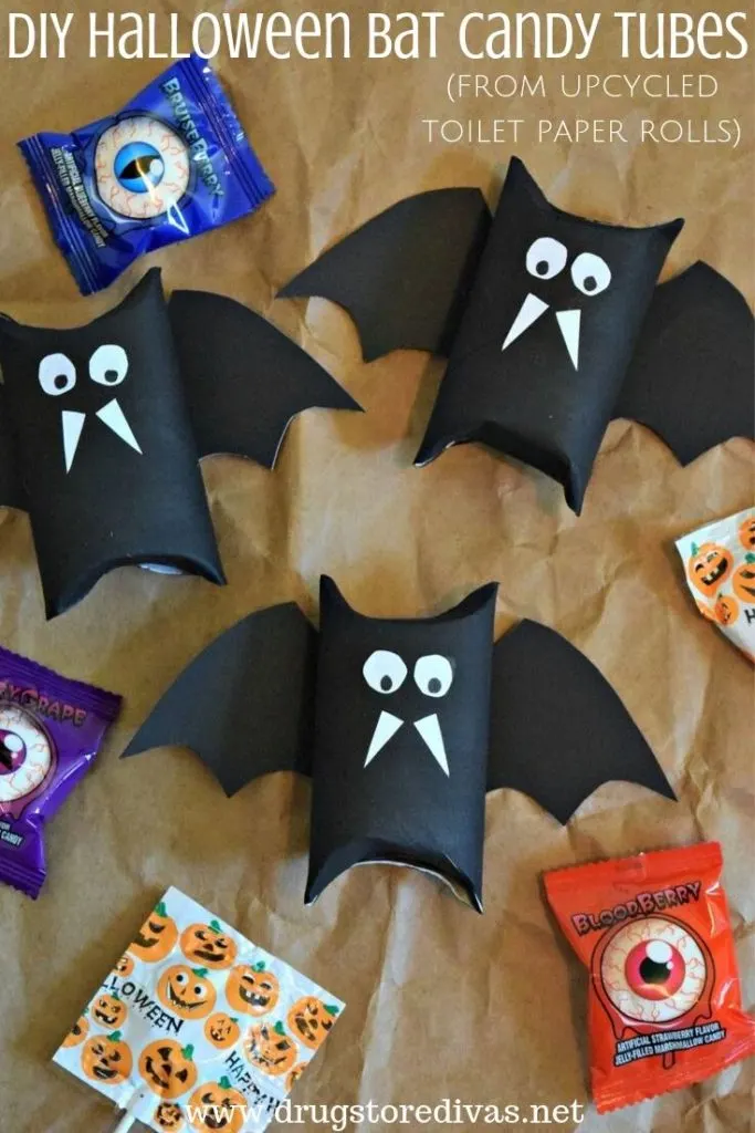 Be the talk of the town when you make these DIY Halloween Bat Candy Tubes for your trick-or-treat bowls. Find out how to make them from upcycled toilet paper rolls on www.drugstoredivas.net.