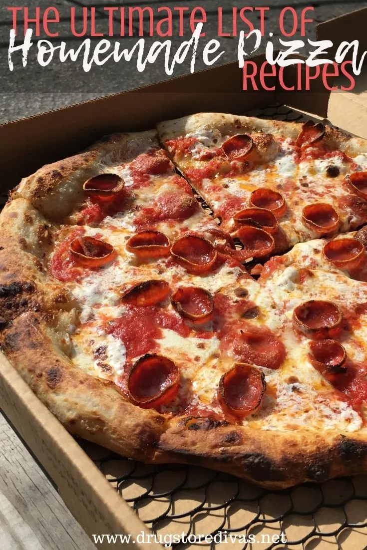 Pepperoni pizza in a box with the words 