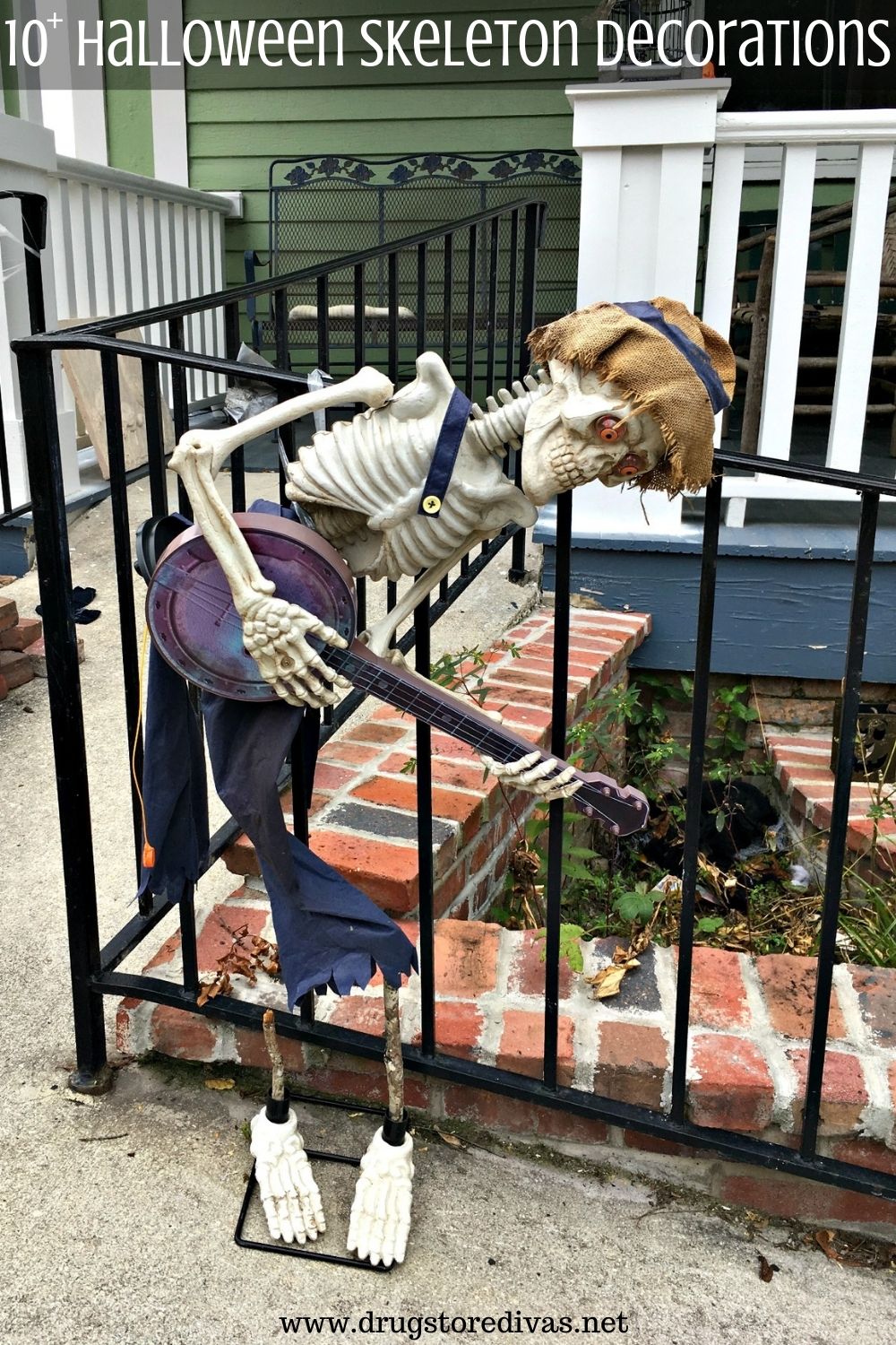 A skeleton Halloween decoration holding a bango with the words 