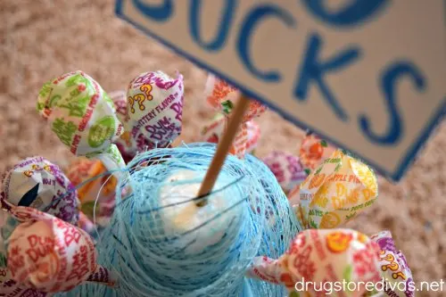 A homemade lollipop birthday tower.