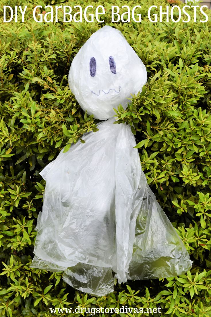 A plastic bag ghost in a hedge with the words 