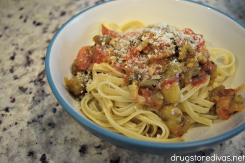 Pasta all Norma (Sicilian eggplant and tomato pasta) is the perfect way to use your garden tomatoes and eggplant. Get the recipe at www.drugstoredivas.net.