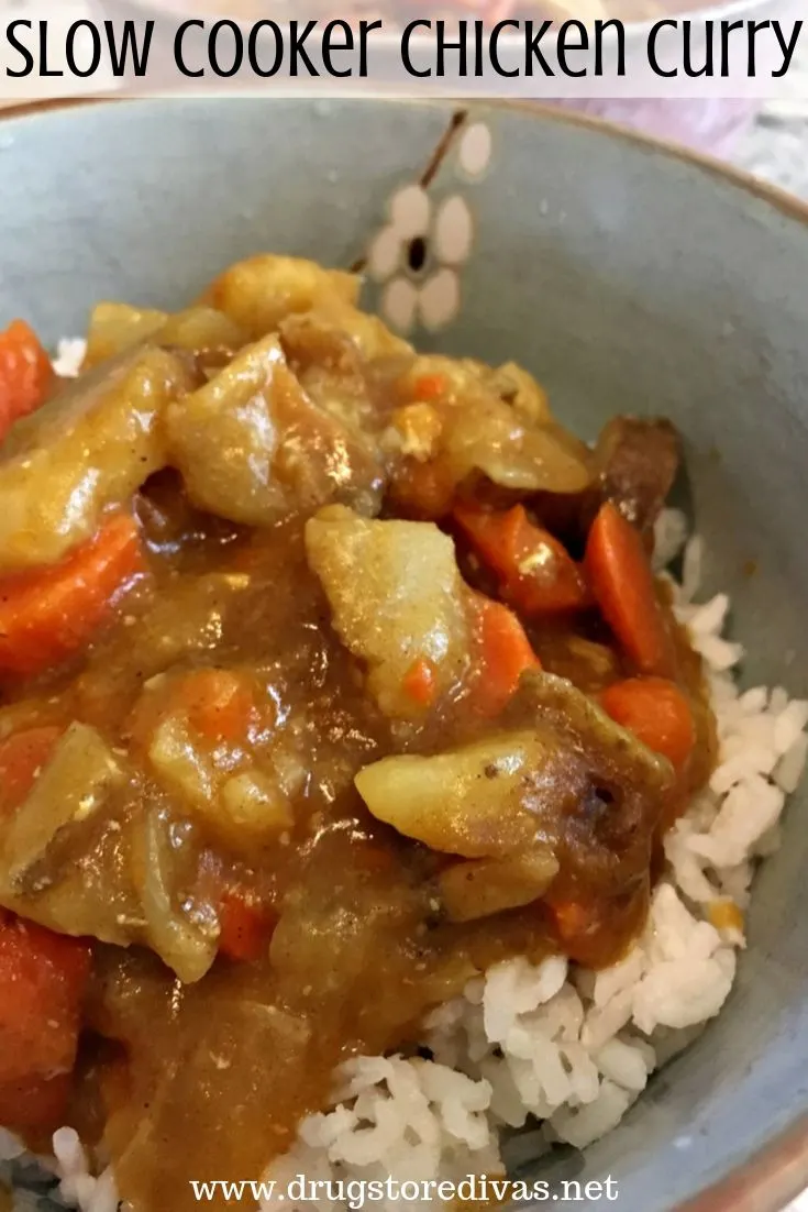 Curry in a bowl with the words "Slow Cooker Chicken Curry" digitally written above it.