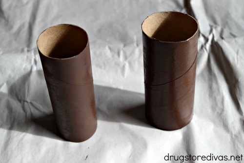 Two paper towel rolls painted brown.