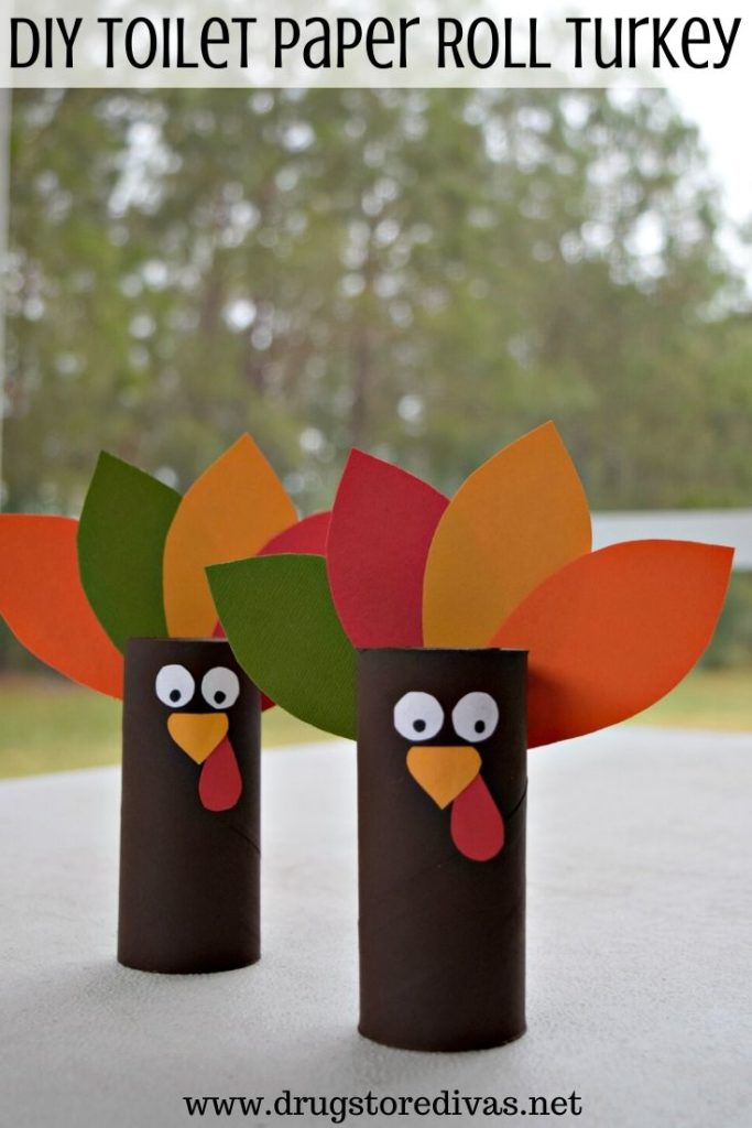 Toilet paper rolls and card stock turned into turkeys with the words "DIY Toilet Paper Roll Turkey" digitally written on top.