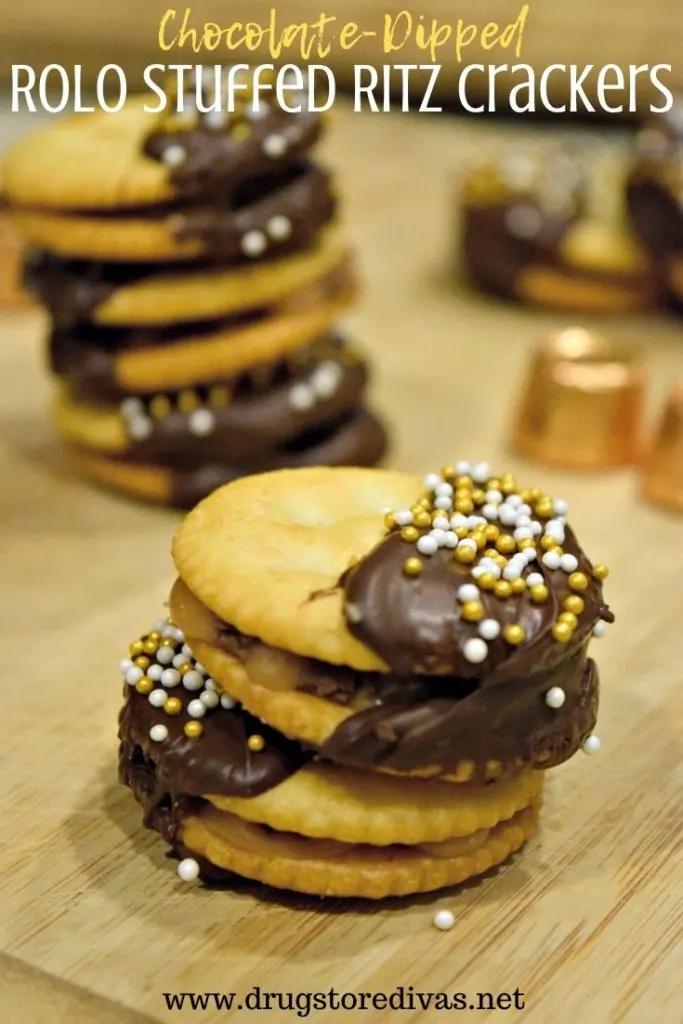 Chocolate-Dipped Rolo Stuffed Ritz Crackers is the perfect easy dessert. It takes under 10 minutes! Get the recipe at www.drugstoredivas.net.