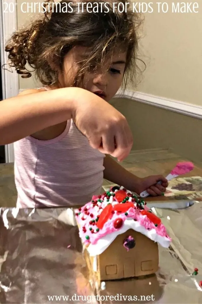 Girl making a gingerbread house with the words "20+ Christmas treats for kids to make" digitally written above her.