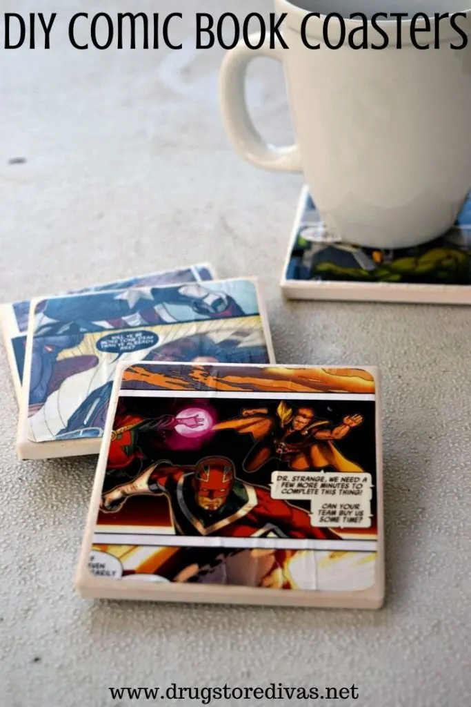 Four comic book coaster and one white mug with the words "DIY Comic Book Coasters" digitally written on top.