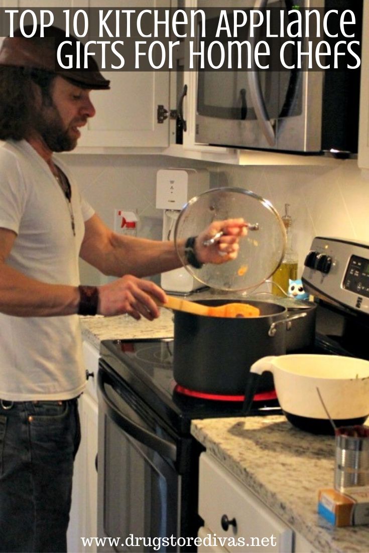 Man cooking on the stove with the words "Top 10 Kitchen Appliance Gifts For Home Chefs" digitally written on top.