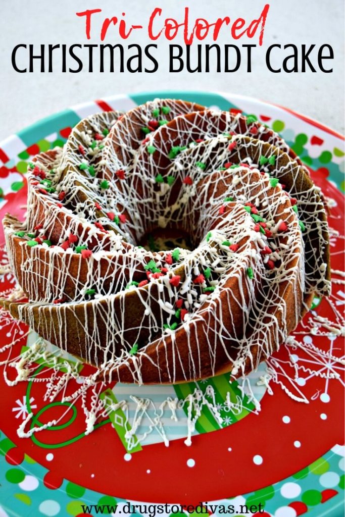 Tri-Colored Christmas Bundt Cake on a Christmas plate with the words "Tri-Colored Christmas Bundt Cake" digitally written on top.