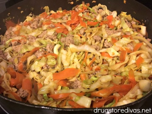 Egg Roll In A Bowl is a delicious recipe. It's a Keto-friendly recipe, but good even if you're not on Keto. Get the recipe at www.drugstoredivas.net.