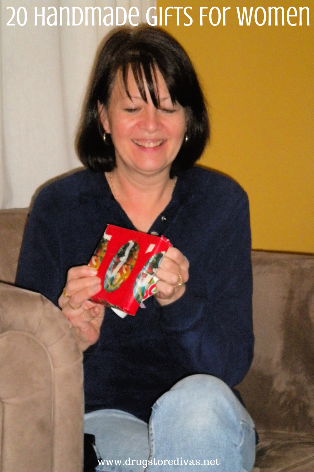 A woman sitting on a couch and opening a gift with the words 