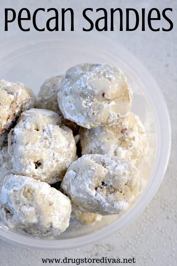 Pecan Sandies cookies in a container.