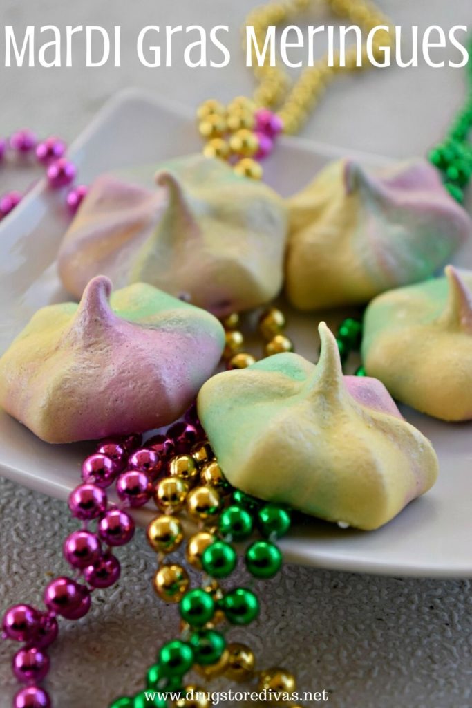 These Mardi Gras Meringues will be the hit of your Mardi Gras party. Get the recipe for this fun Mardi Gras dessert on www.drugstoredivas.net.