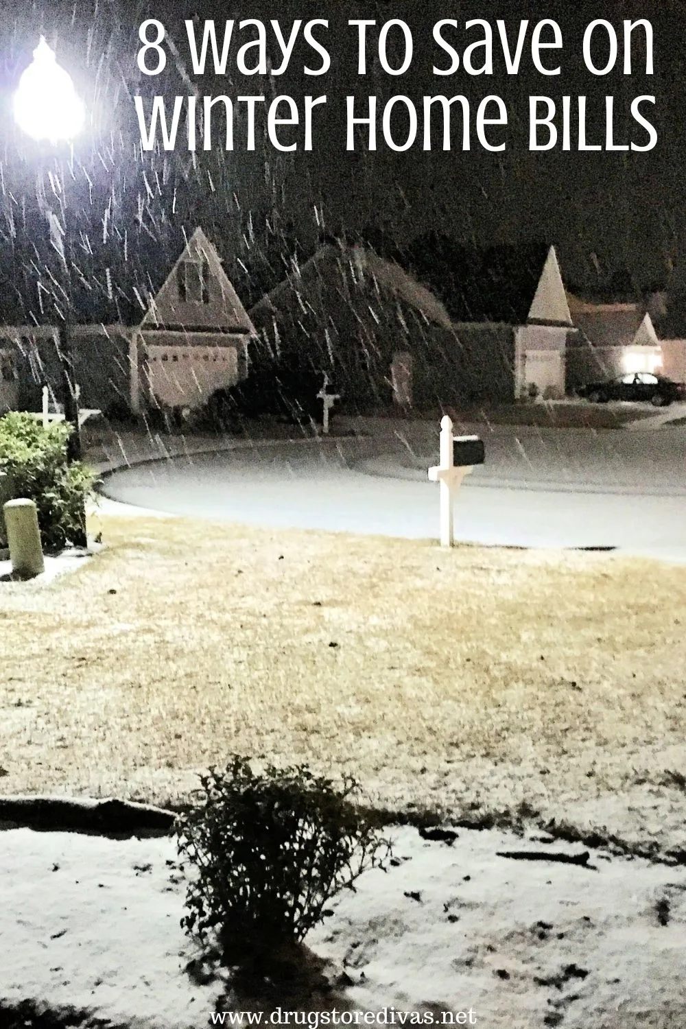 Snow falling in a neighborhood with the words 