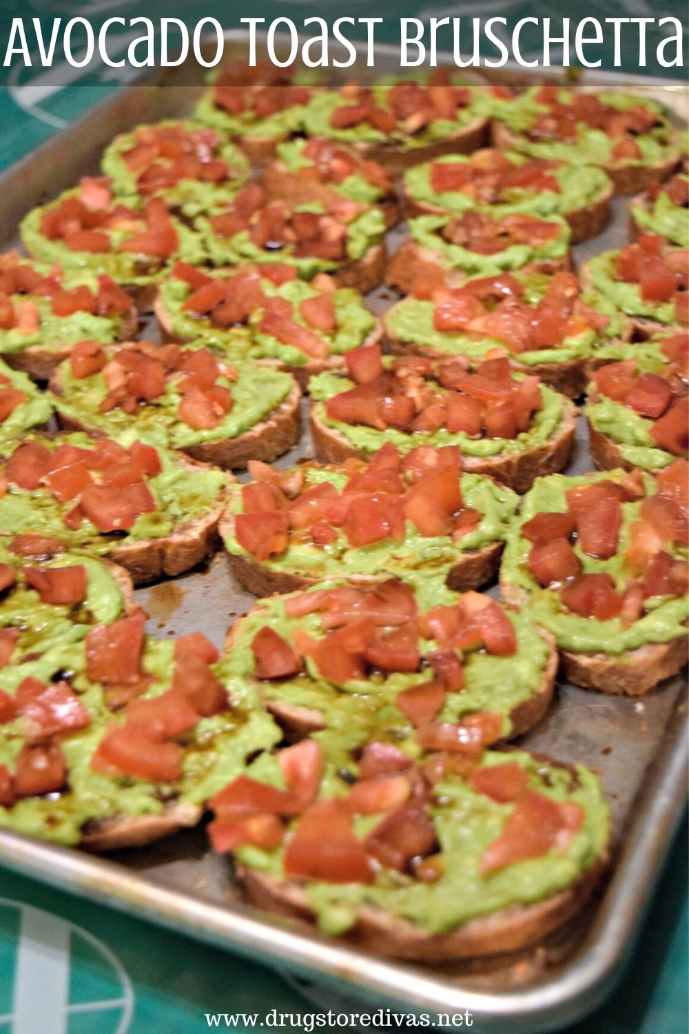 Avocado Toast Bruschetta is the perfect party appetizer. It's vegan too! Find out how to make it at www.drugstoredivas.net.