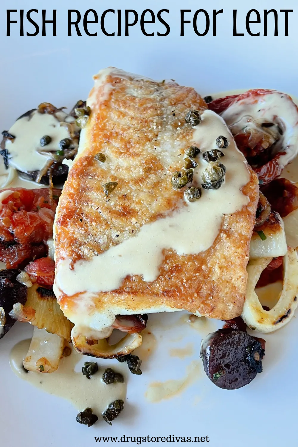 A piece of fish on top of pasta on a white plate with the words 