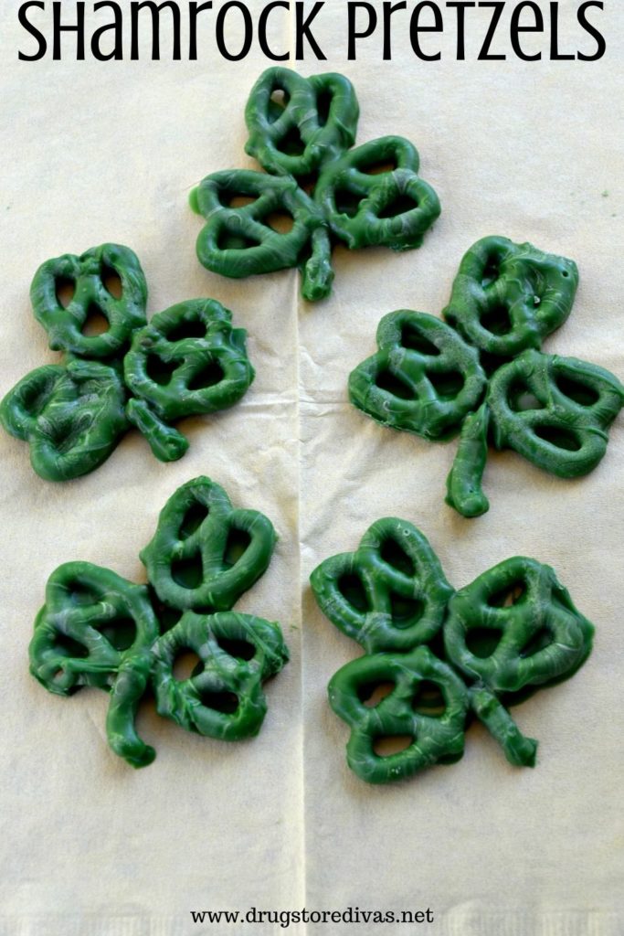 Five shamrocks made of pretzels with the words "Shamrock Pretzels" digitally written on top.