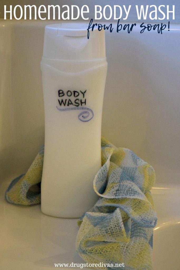 A bottle of body wash with a towel around its base and the words "Homemade Body Wash From Bar Soap" digitally written on top.