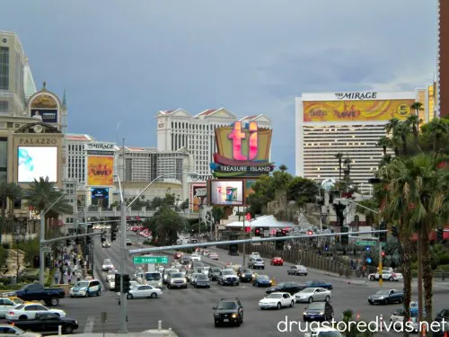 View of Las Vegas boulevard featuring The Mirage and Treasure Island casinos.