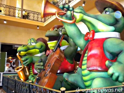 The alligators sculptures made to look like the alligators are in a band, which is a display at The Orleans hotel in Las Vegas.