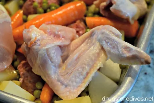 Sheet Pan Chicken Vesuvio is an easy meal. Everything is cooked in one pan. Get the recipe on www.drugstoredivas.net.