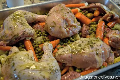 Sheet Pan Chicken Vesuvio is an easy meal. Everything is cooked in one pan. Get the recipe on www.drugstoredivas.net.