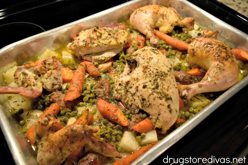 Sheet Pan Chicken Vesuvio is an easy meal. Everything is cooked in one pan. Get the recipe on www.drugstoredivas.net.