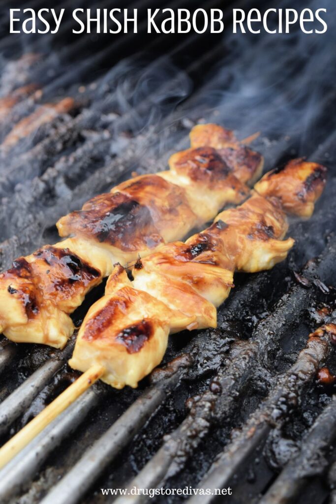 Two chicken kabobs on a grill with the words "Easy Shish Kabob Recipes" digitally written on top.