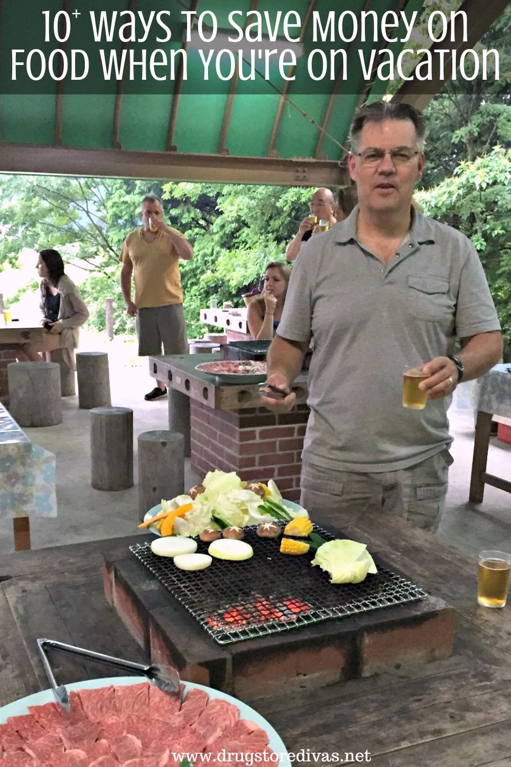A man at a Japanese barbecue at a resort with the words 
