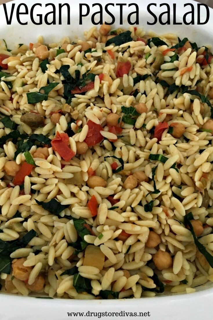 Vegan Pasta Salad is the perfect side dish. It's packed with veggies, and you won't even realize it's vegan. Get the recipe at www.drugstoredivas.net.