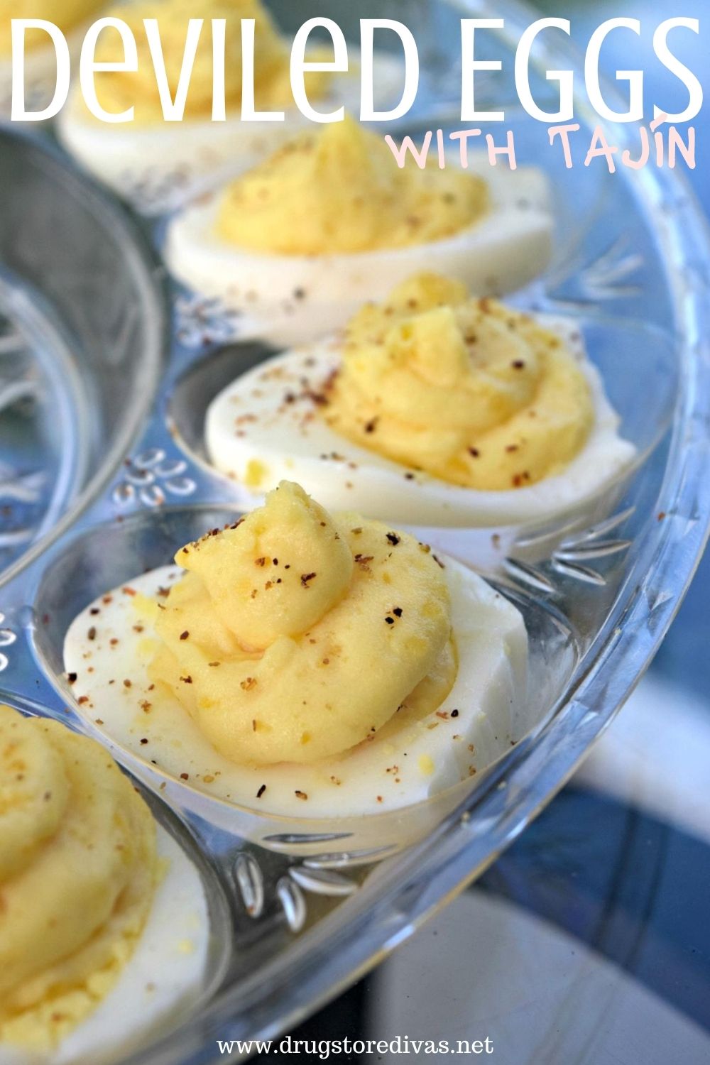 Deviled Eggs With Tajin are a (literally) sweet twist to traditional Deviled Eggs. Get the recipe at www.drugstoredivas.net.