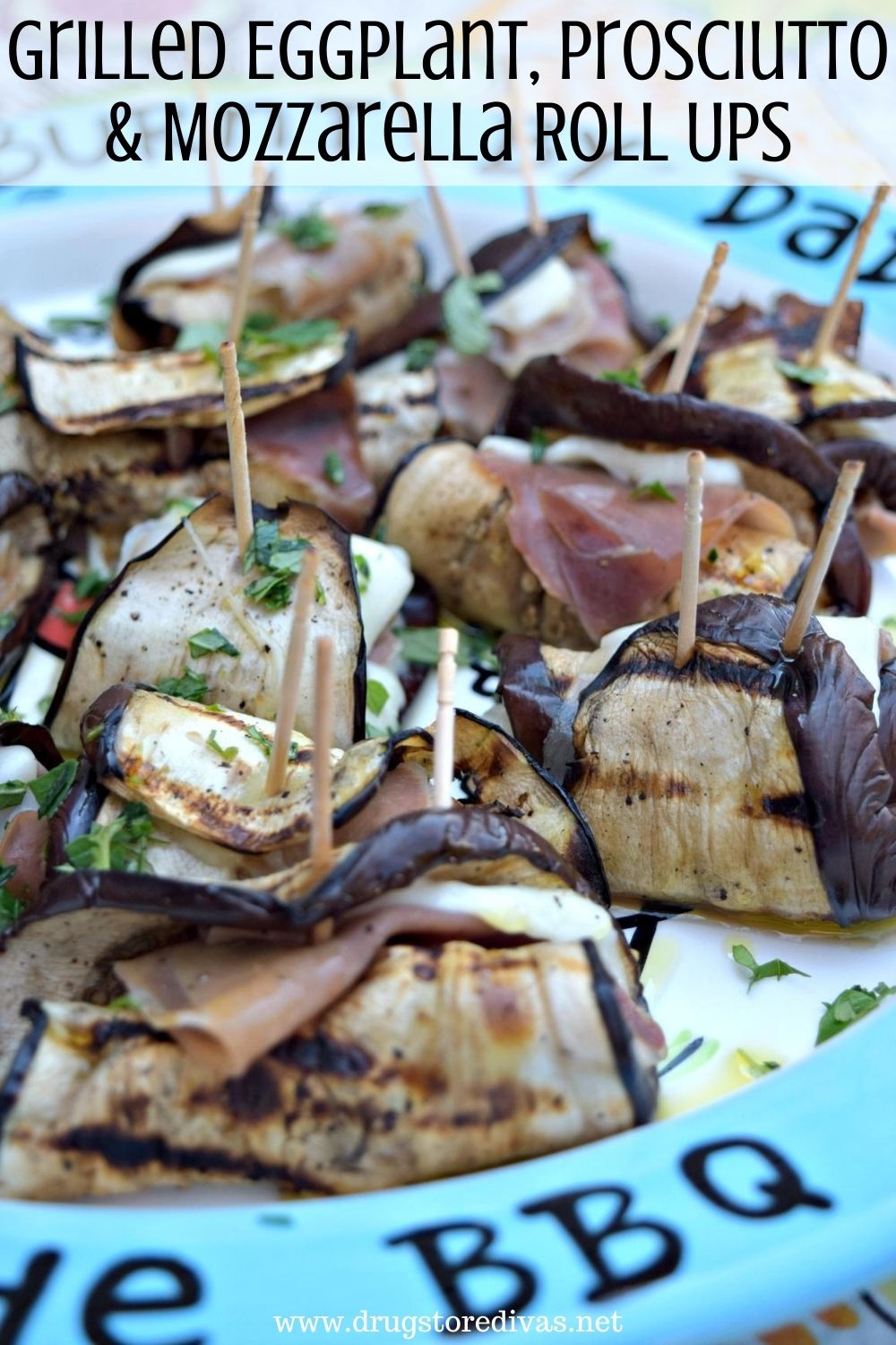 Be the hit of the party when you serve these Grilled Eggplant, Prosciutto & Mozzarella Roll Ups. They're the perfect one bite appetizer.