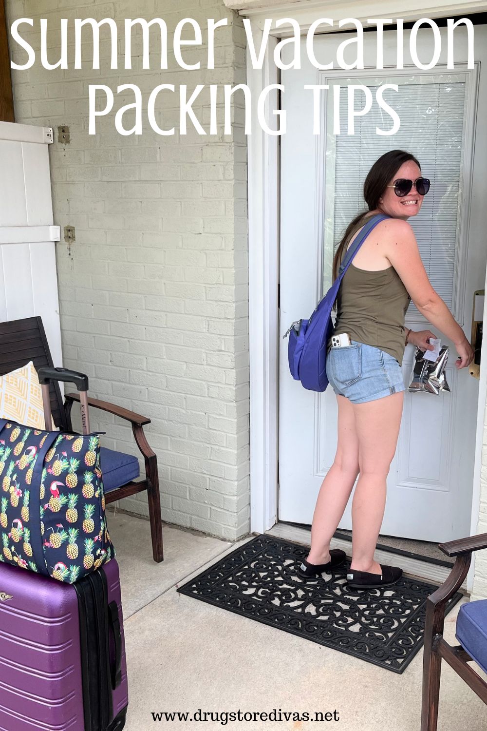A woman in a tank top and shorts with a purple bag on her shoulder walking into a hotel room from an outdoor patio, with luggage and a cooler behind her, and the words 