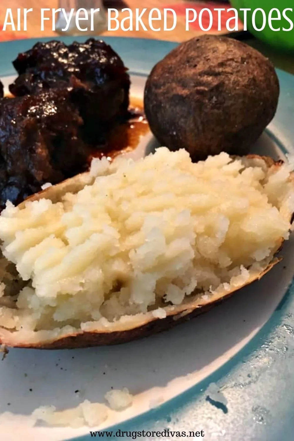 Baked Potatoes are so easy to make in the air fryer. This Air Fryer Baked Potatoes recipe is only 30 minutes! Get it on www.drugstoredivas.net.