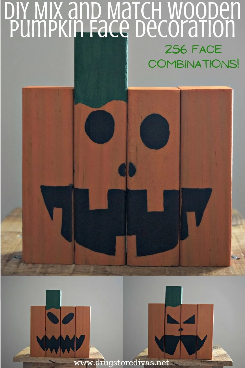 DIY Mix and Match Wooden Pumpkin Face Decoration.